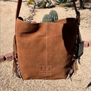 Haute Hippie | Honey Tan Suede Bucket Bag w/ Fringe and Adjustable Buckle
